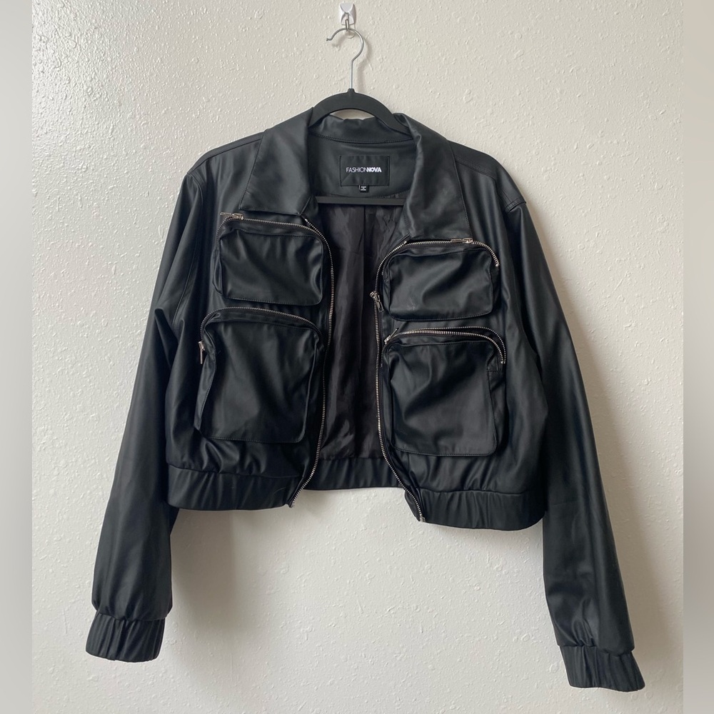 cropped, faux, leather jacket